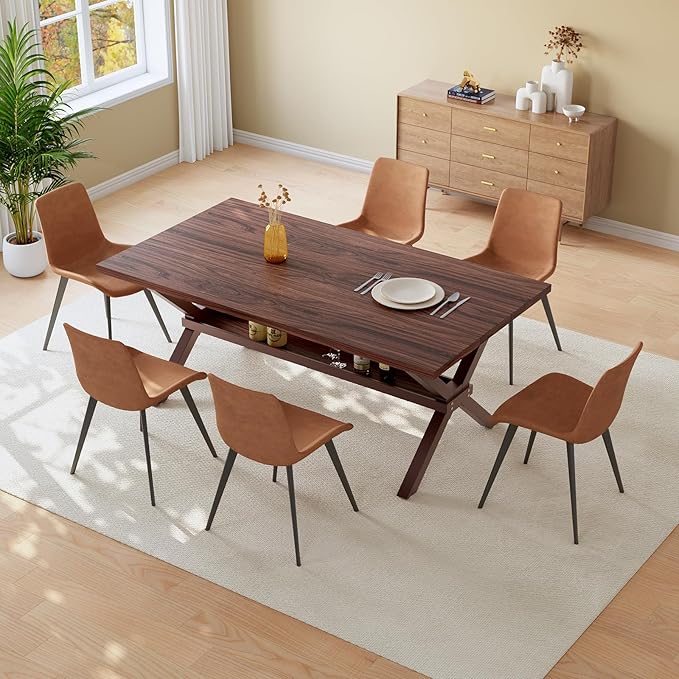 HIPIHOM 63" MDF Dining Table Set for 6 with PU Leather Chairs, Thickened Heat-Resistant Tabletop and Heavy Duty Metal Legs, Kitchen Sets Perfect for Small Spaces, Apartments