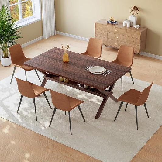 HIPIHOM 63" MDF Dining Table Set for 6 with PU Leather Chairs, Thickened Heat-Resistant Tabletop and Heavy Duty Metal Legs, Kitchen Sets Perfect for Small Spaces, Apartments