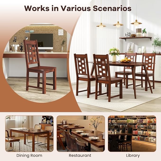NAFORT Set of 4 Dining Chairs, High Lattice Back Solid Wood Chair, Mid-Century Modern 4 Kitchen Chairs with Max Load 400 Lbs for Kitchen Table, Dining Room, Cafe, Restaurant