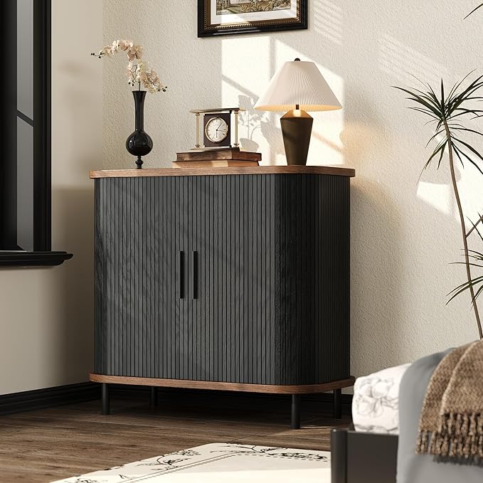 UNIQUITE Fluted Sideboard Buffet Cabinet, 31''W Storage Cabinet with Sliding Door, Coffee Bar Buffet Cabinet for Living Room, Kitchen, Entryway, Black