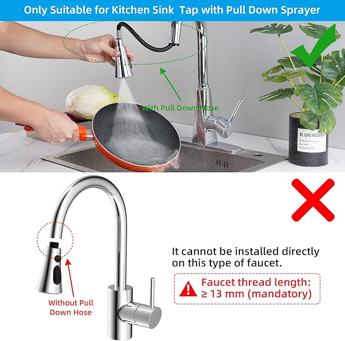 Hibbent 3-Function Pull Down Kitchen Faucet Head Replacement with 12 Adapters, NSF/ANSI/CAN 61 & CUPC Certified Sink Spray Nozzle, Compatible with Moen, Delta, Kohler Faucets, Chrome