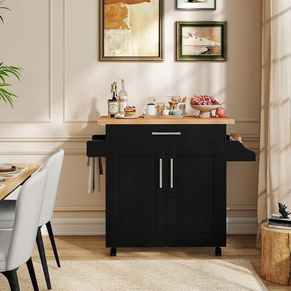Giantex Kitchen Island, Rolling Kitchen Cart with Spice and Towel Rack, Large Drawer & 2-Door Storage Cabinet, Home Service Cart on Lockable Wheels, Wood Kitchen Trolley, Spacious Tabletop (Black)