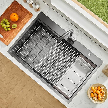 VEVOR Drop In Kitchen Sink 33 Inch Kitchen Sink Workstation, 304 Stainless Steel Top Mount Sinks, Drop-In Single Bowl with Ledge & Multiple Accessories Sink for RV, Prep Kitchen, Bar 33 x 22 x 9inch