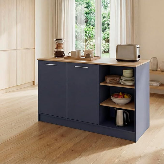 GOWE Ginger Kitchen Island with Spacious Dining Countertop, Three Open Storage Shelves, Dual Cabinet Doors with Interior Shelves and Functional Floorstanding