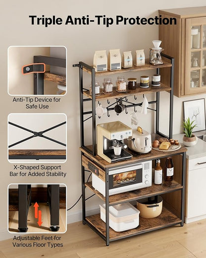 VEVOR Kitchen Bakers Rack with Power Outlets, 31.5 x 15.7 x 63.7Inch Microwave Stand with Built-in Power Strip & 5 Ft Cord, 12 S-Shaped Hooks, for Dish Storage, Spice Jars, Coffee Bar Organization