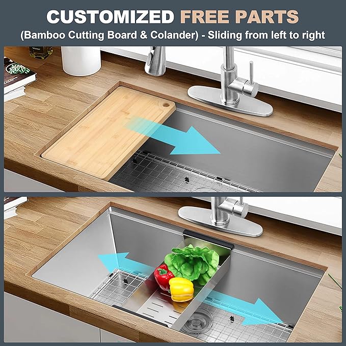 Herogo Kitchen Sink, 33 x 19 Inch Large Farmhouse Undermount Kitchen Sink, 18/10 Stainless Steel R10 Corner 10 Inch Deep Workstation Single Bowl with Accessories