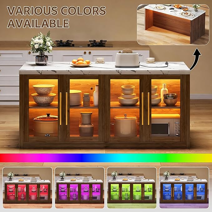 Kitchen Island with Storage, 55" W Large Island Table with LED Light for Dining Room, Kitchen Carts on Wheels Breakfast Bar Table w/Power Outlet, Walnut