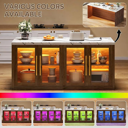 Kitchen Island with Storage, 55" W Large Island Table with LED Light for Dining Room, Kitchen Carts on Wheels Breakfast Bar Table w/Power Outlet, Walnut