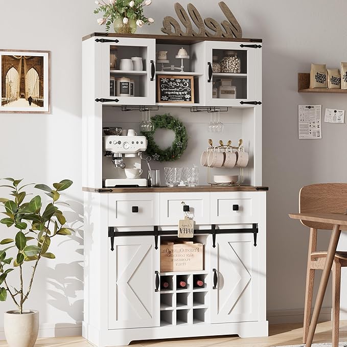 IDEALHOUSE 72" Coffee Bar Cabinet with Storage, Farmhouse Large Kitchen Pantry Hutch with Sliding Barn Door, Tall White Buffet Cabinet with 3 Drawer and Wine & Glasses Rack, for Living Dining Room