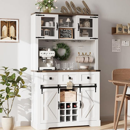 IDEALHOUSE 72" Coffee Bar Cabinet with Storage, Farmhouse Large Kitchen Pantry Hutch with Sliding Barn Door, Tall White Buffet Cabinet with 3 Drawer and Wine & Glasses Rack, for Living Dining Room