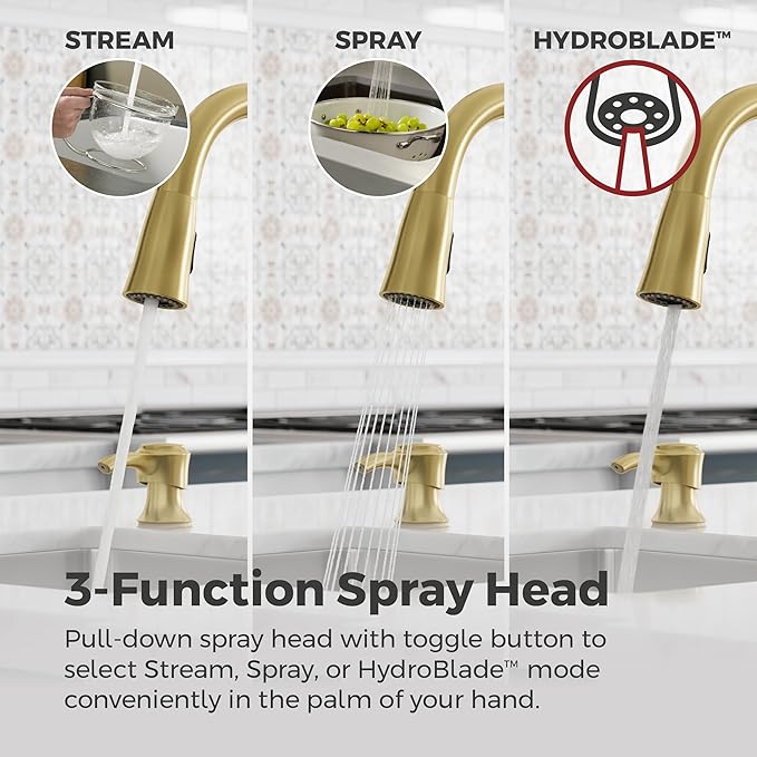 Pfister Alderwood Kitchen Faucet with Pull Down Sprayer and Soap Dispenser Single Handle High Arc Spout Brushed Gold Finish NSF Certified 1 or 3 Hole Installation F5297AWBG