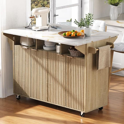 Modern Dining Table Kitchen Island with 2 Drop, Cart with Power Outlet, 4 Doors, Spice Rack, Rolling Wood Grain Top Table, Curved Edge for Living Room,Natural-MDF