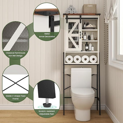 kepptory Over The Toilet Storage Cabinet, Above Toilet Storage Cabinet with Adjustable Shelves and Barn Door, Farmhouse Behind Toilet Bathroom Organizer for Bathroom, Laundry Room, Off-White