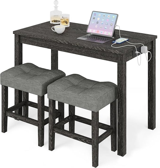 allamazing 3-Piece Counter Height Bar Table Set with Socket and 2 Fabric Padded Bar Stools, Tall Kitchen Breakfast Dining Table Set with Stools (1+2 Black)