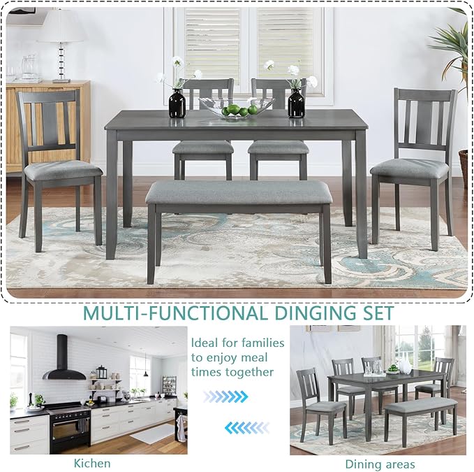 6-Piece Wooden Dining Table Set with 4 Upholstered Chairs and 1 Bench, Rectangular Kitchen Table Set for 6 People, Modern Dining Room Table for Kitchen and Dining, Gray
