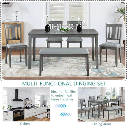 6-Piece Wooden Dining Table Set with 4 Upholstered Chairs and 1 Bench, Rectangular Kitchen Table Set for 6 People, Modern Dining Room Table for Kitchen and Dining, Gray