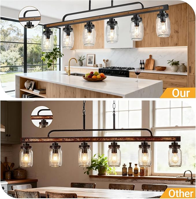 6-Light Rustic Farmhouse Dining Room Light, Black Mason Jar Chandelier Lighting Fixture for Kitchen Island, Dining Room, E26 Cluster Hanging Pendant Light with Jar Glass Shade