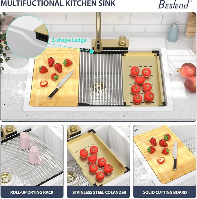 33x22 inch Drop In Kitchen Sink With Faucet White Waterfall Smart Granite Composite Workstation Kitchen Sink Top Mount Single Bowl 33"W x 22"D x 10"H