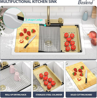 33x22 inch Drop In Kitchen Sink With Faucet White Waterfall Smart Granite Composite Workstation Kitchen Sink Top Mount Single Bowl 33"W x 22"D x 10"H