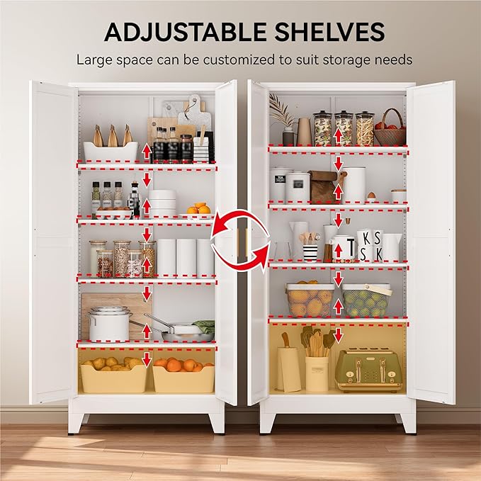 COFaR 71" Metal Pantry Cabinet with 5 Adjustable Shelves, White Storage Cabinet with Doors, Sturdy Freestanding Cupboard for Kitchen Organization, Living Room & Bathroom