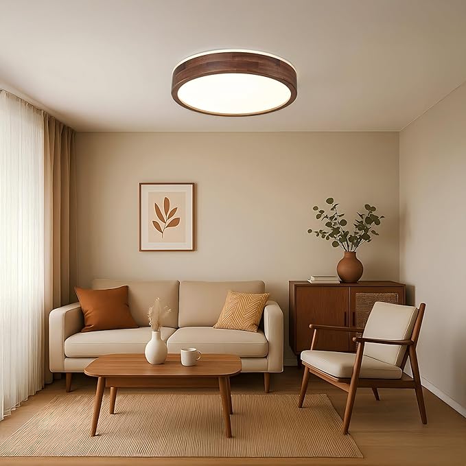 LED Ceiling Light Fixture 15.74, Handcrafted Walnut Wood Modern Wabi-Sabi Style, 42W LED 3000K-4000K-6000K, Low Profile Lamp for Bedroom Kitchen Hallway Dining