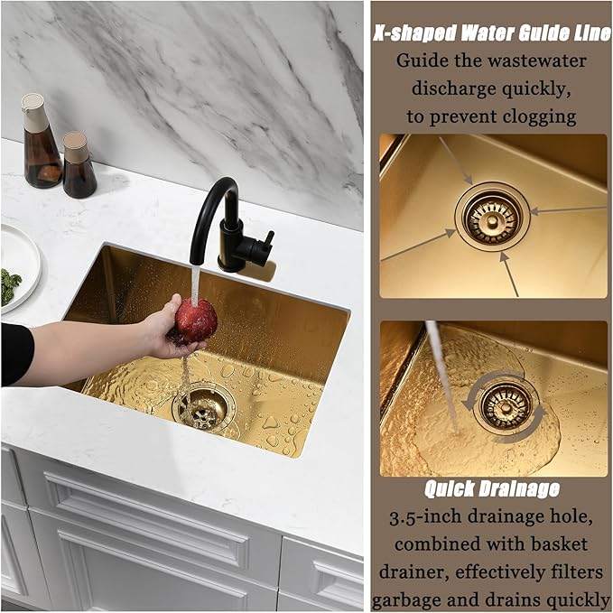 Gold Undermount Kitchen Sink, 22x16 Gold Kitchen Sink Undermount Utility Sinks Stainless Steel 18 Gauge Single Bowl Wet Bar Sinks with Basket Strainer