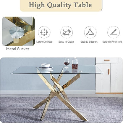 Glass Dining Table,51'' Rectangular Dining Kitchen Table,Modern X-Design Dining Room Table with Gold Stainless Steel Base for Dining Room