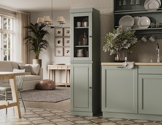 Palace Imports Solid Wood Kitchen Pantry - Narrow Storage Cabinet - 16.5" Wide x 71.5" Tall - 1 Raised Panel & 1 Glass Door, Sage, Adjustable Shelves, 100% Eco-Friendly Wood, Modular Cabinets