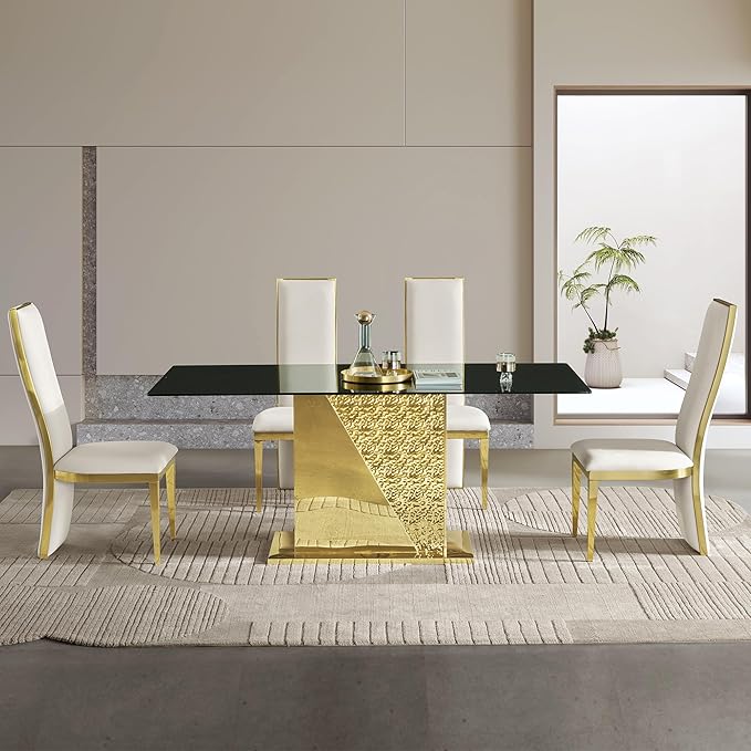 70" Rectangle Glass Dining Table for 6, Modern Luxury Kitchen Table with Black Tempered Glass Top, Gold Stainless Steel Mirrored Base with Carved Details