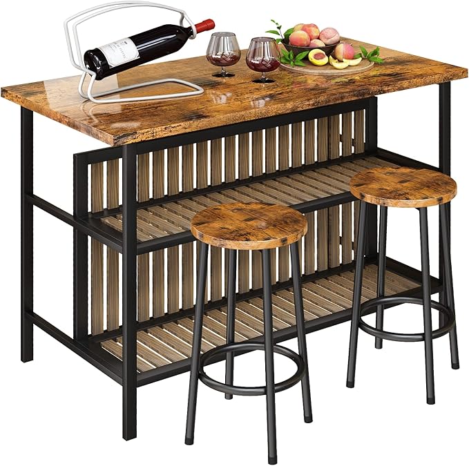 AWQM Kitchen Island with Seating & Storage Shelf, Wooden Island Table for Kitchen, Modern Bar Table and Chairs Set for 2,Dining Table Set for Small Space,Walnut