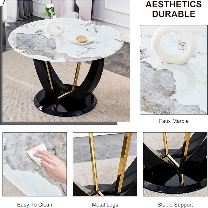 JUFU Round Dining Table for 4/6, 48 Inch Faux Marble Look Dining Room Table, Black Kitchen Table with Stable Pedestal, Modern Glass Dining Table for Kitchen,Living Room,Apartment,Restaurant