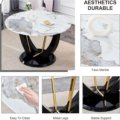 JUFU Round Dining Table for 4/6, 48 Inch Faux Marble Look Dining Room Table, Black Kitchen Table with Stable Pedestal, Modern Glass Dining Table for Kitchen,Living Room,Apartment,Restaurant