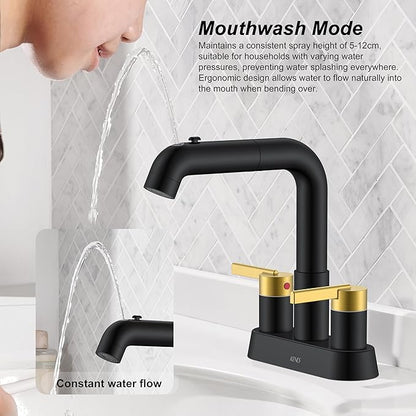 KENES Black and Gold Pull Out Centerset Bathroom Faucet 3 Hole, 4 Inch 2 Handle Bathroom Sink Faucet with Pull Out Sprayer, Vanity Faucet with Pop Up Drain & Supply Lines LJ-9059A-BG