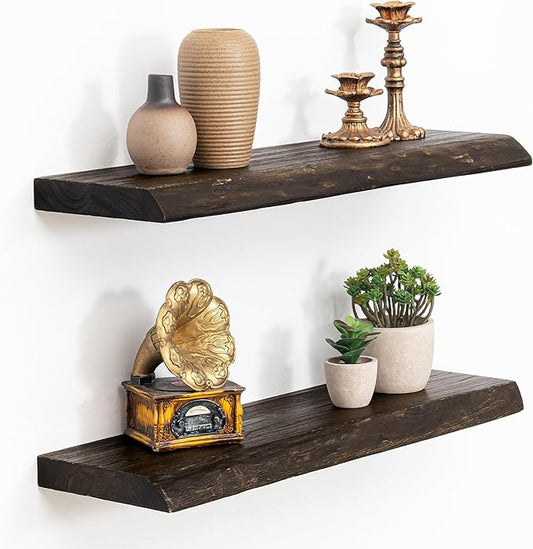Acovy Extra Deep 24" Long Live Edge Rustic Floating Shelves for Wall, Solid Wood Wall Shelves with Invisible Bracket Mount for Living Room Bathroom Bedroom Kitchen, Set of 2, Natural