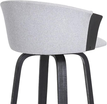 Armen Living Diana 26" Seat Height Mid Century Modern Swivel Black Wood Bar Stool for Kitchen Island Counter in Light Gray Fabric
