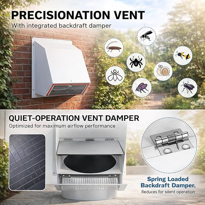 8 Inch Hooded Wall Vent, Outdoor Wall Exhaust Vent Cover Wall Cap with Screen & Backdraft Damper, White Galvanized Steel Exterior Vent for Range Hood Bathroom Garage HVAC Duct