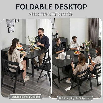 Small Folding Dining Table - 59" Fully Assembled Drop Leaf Table 4-6 Seater with Storage and Lockable Wheels, Space-Saving for Kitchen or Dining Room (Black)