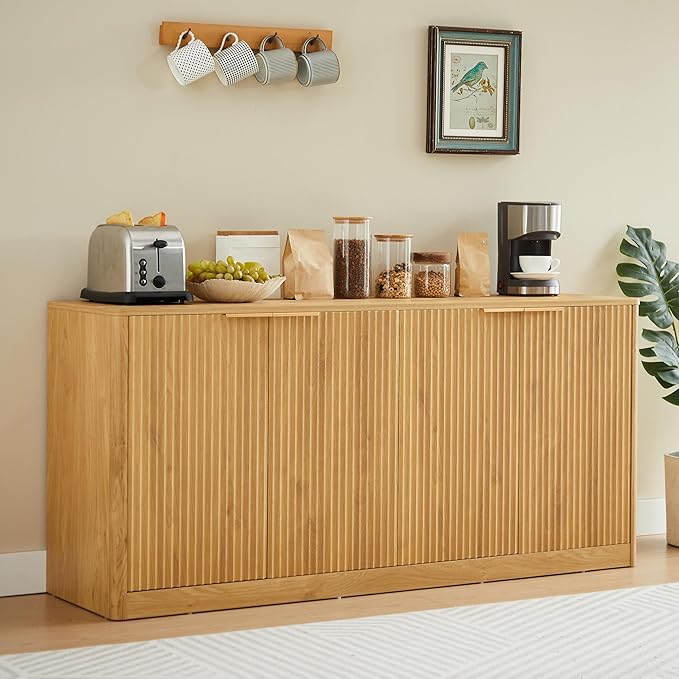 Ball & Cast 59" Modern Fluted Sideboard Buffet Cabinet with Storage,Curved Design Kitchen Coffee Bar Cabinet with 4 Doors & Shelves,Wood Credenza Cabinets Media Console for Living Room,Natural