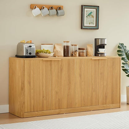Ball & Cast 59" Modern Fluted Sideboard Buffet Cabinet with Storage,Curved Design Kitchen Coffee Bar Cabinet with 4 Doors & Shelves,Wood Credenza Cabinets Media Console for Living Room,Natural