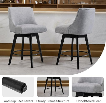 Counter Height Bar Stools Set of 4, Swivel Barstools with Backs and Wood Legs, Linen Fabric Upholstered Counter Stools for Kitchend Island, Mid-Century Modern 26" Seat Height Bar Chairs, Grey