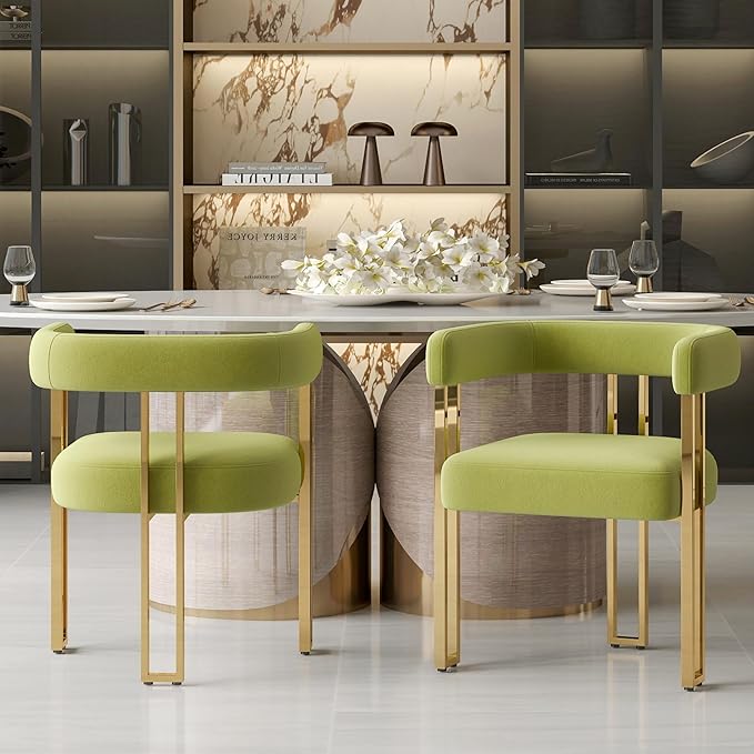 Hyfirm Green and Gold Modern Dining Chairs Set of 2, Velvet Upholstered Barrel Armchairs with Metal Legs for Kitchen Island, Mid Century Accent Chairs for Dining Room Living Room, Open-Back