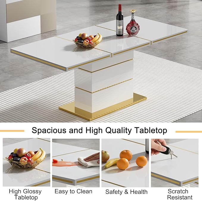 70" White Dining Table for 4 6, Modern Glossy Kitchen Table with 1.5" Thick Lacquered Tabletop and Gold Stainless Steel Trim, Luxury Rectangular Dinner Tables for Dining Room