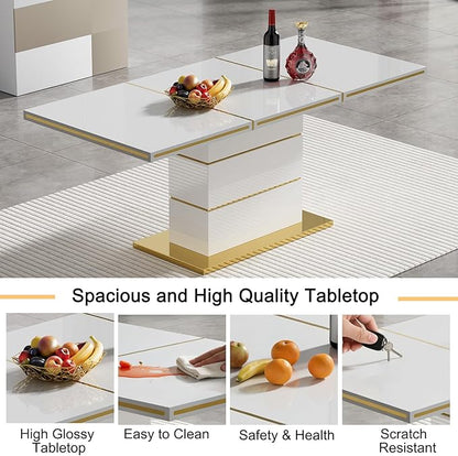 70" White Dining Table for 4 6, Modern Glossy Kitchen Table with 1.5" Thick Lacquered Tabletop and Gold Stainless Steel Trim, Luxury Rectangular Dinner Tables for Dining Room