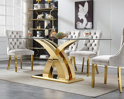 70" Large Glass Dining Table for 4 6 8, Modern Rectangular Glass Top Kitchen Table with Golden X-Design Stainless Steel Base, Luxury Dining Room Table for Dinner Kitchen Dining Room