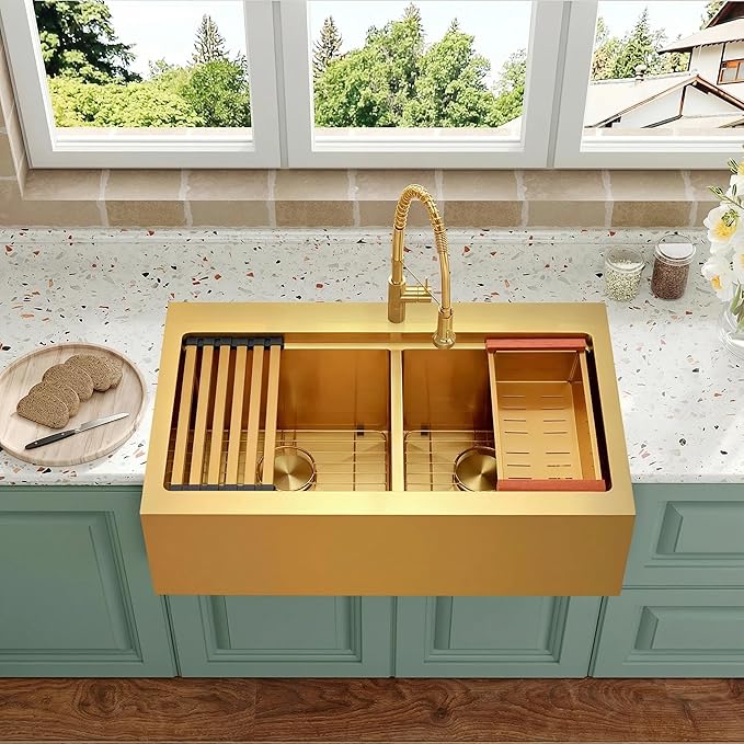 Gold Farmhouse Kitchen Sink 33 x 22 Drop In, 50/50 Double Bowl Farm Sinks, 16 Gauge Stainless Steel Workstation Sink with Ledge & Accessories, 33" x 22" x 10" Large and Deep Double Sinks