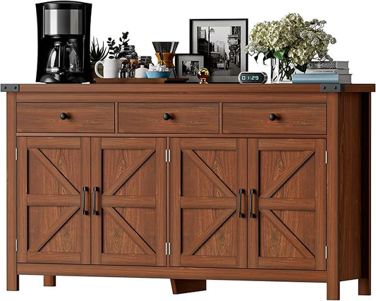 VVFLU 63" Sideboard Buffet Cabinet with Storage, Coffee Bar with 3 Drawers and 4 Barn Doors, Long Wider Storage Cabinet Modern Farmhouse, Cherry Wood, for Kitchen, Dining Room, Living Room