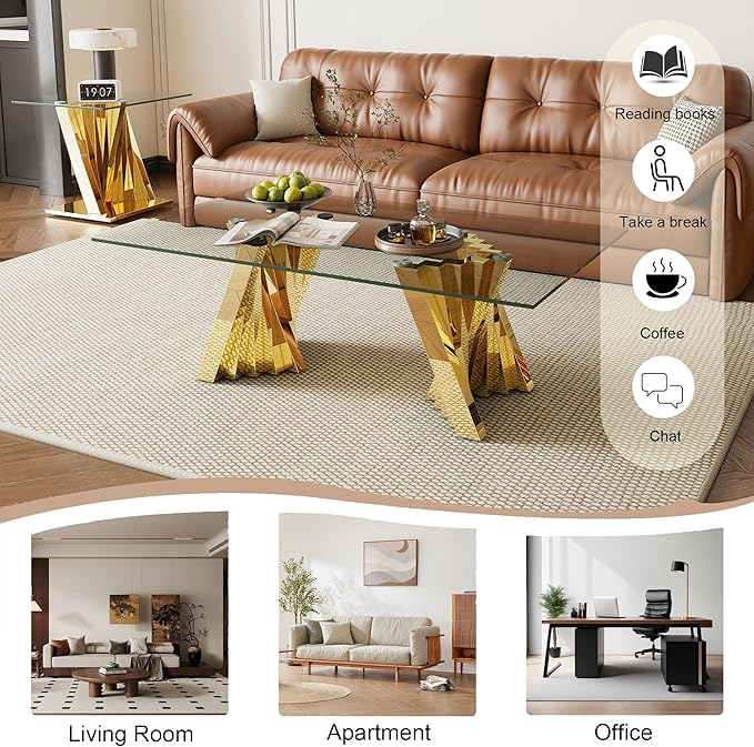 Glass Coffee Table, 51" Coffee Table with Tempered Glass Tabletop and Mirror Finish Stainless Steel Legs, Modern Rectangular Center Table for Living Room, Office