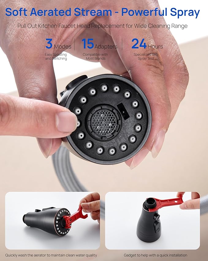 Pull Down Kitchen Faucet Sprayer Head Replacement Part, 15 Connectors, 3 Function Pull Out Sink Sprayer Replacement Nozzle, Kitchen Faucet Head Hose Spray Tap Spout,Oil Rubbed Bronze