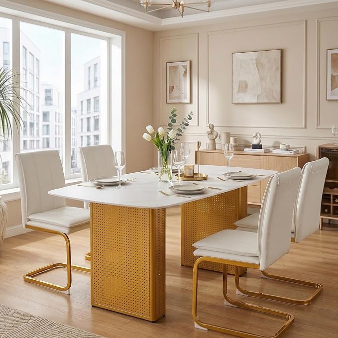 Contemporary Gold Dining Table with Marble Look Glass Top, Unique Rectangular Design, Dual Base Metal Frame, Stable & Stylish 6-8 Person Kitchen Table, Perfect for Modern Dining Room or Office Space