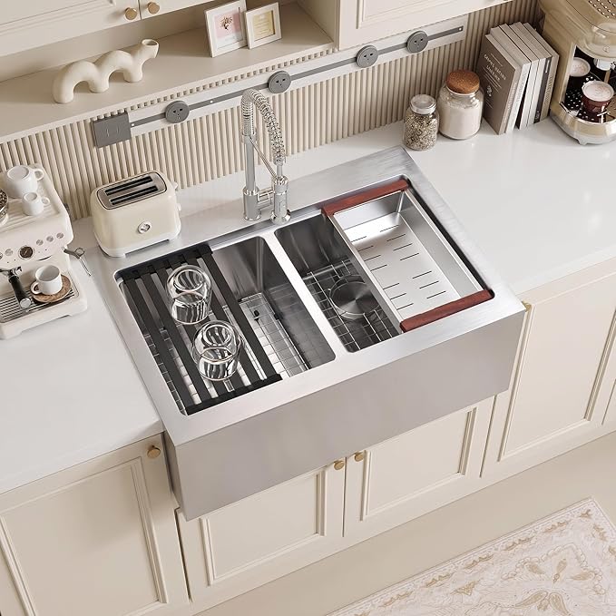 Rhbamoa Double Farmhouse Sink 28 Inch,16-Gauge T304 Stainless Steel Drop In Farm Sink,50/50 Topmount Double Bowl Apron Front Farm Sinks,10 Inch Deep Workstation Sinks with All Accessories